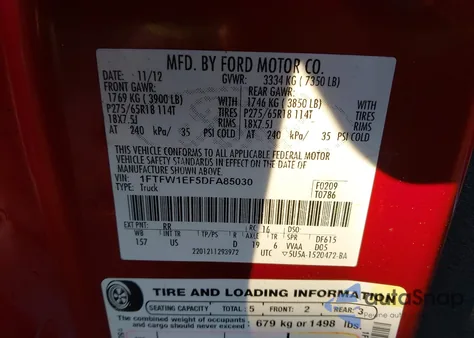 2013 Ford F-150 Xlt из США, поврежденный, VIN 1FTFW1EF5DFA85030